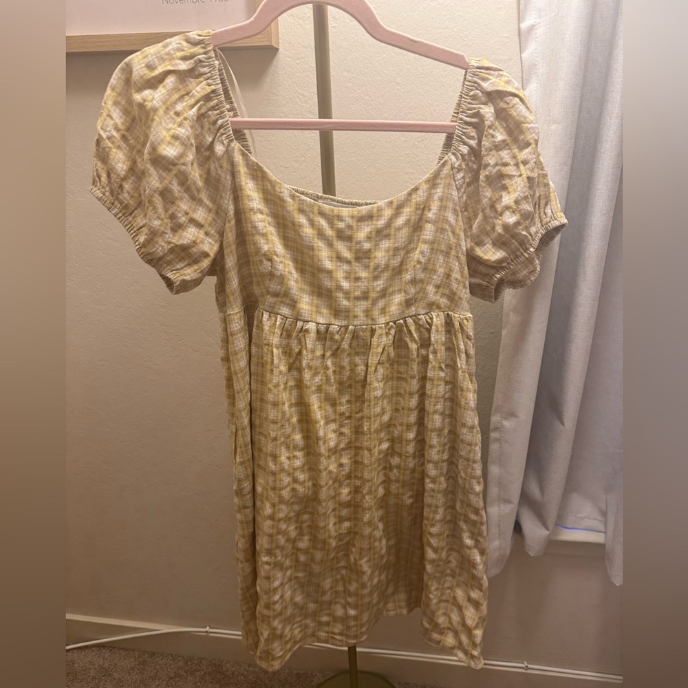 CJLA Yellow Plaid Puff Sleeve Dress